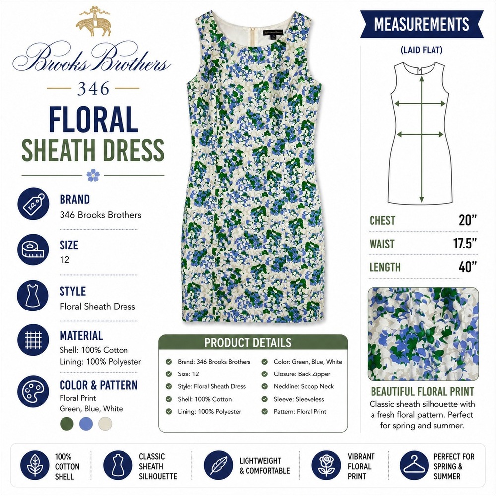 Brooks Brothers 346 Womens Floral Sleeveless Sheath Dress Green Purple Size 12 - Picture 2 of 9